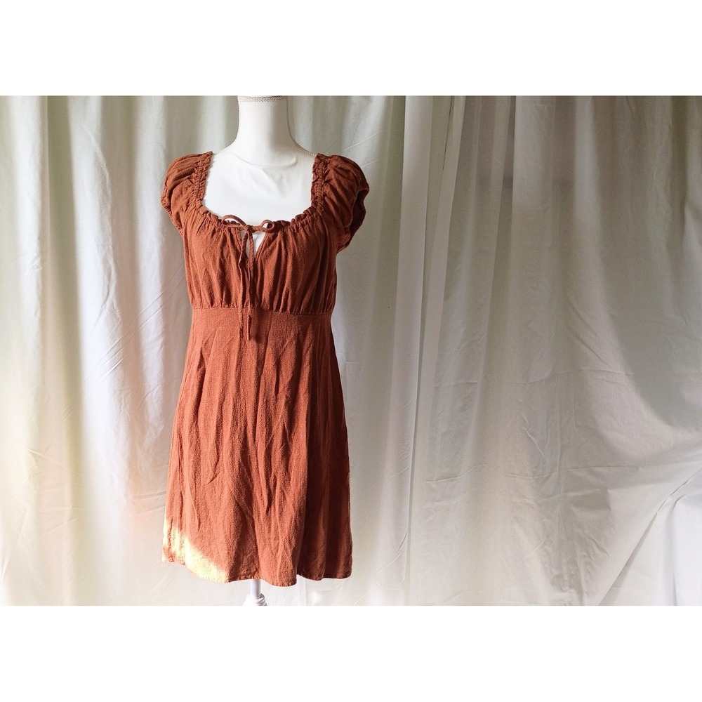 Cozy Autumn Burnt Orange Peasant Dress Fairycore Whimsy Mini Dress Large - Picture 2 of 5